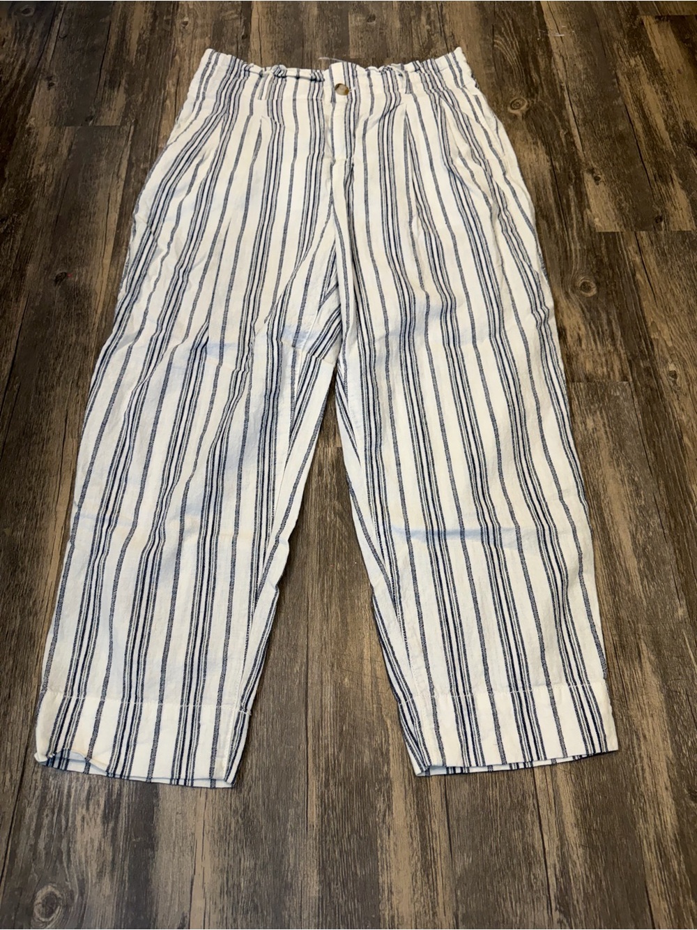 Madewell Linen Blend Blue & White Striped Pants Paper Bag Waist Straight Leg